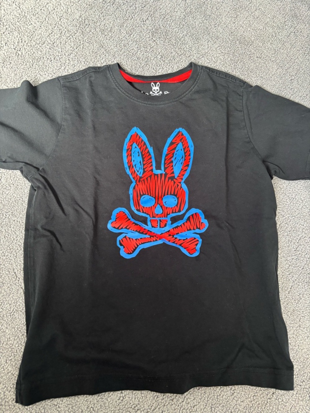 Psycho Bunny Black Tee with Red & Blue Skull-Bunny Graphic